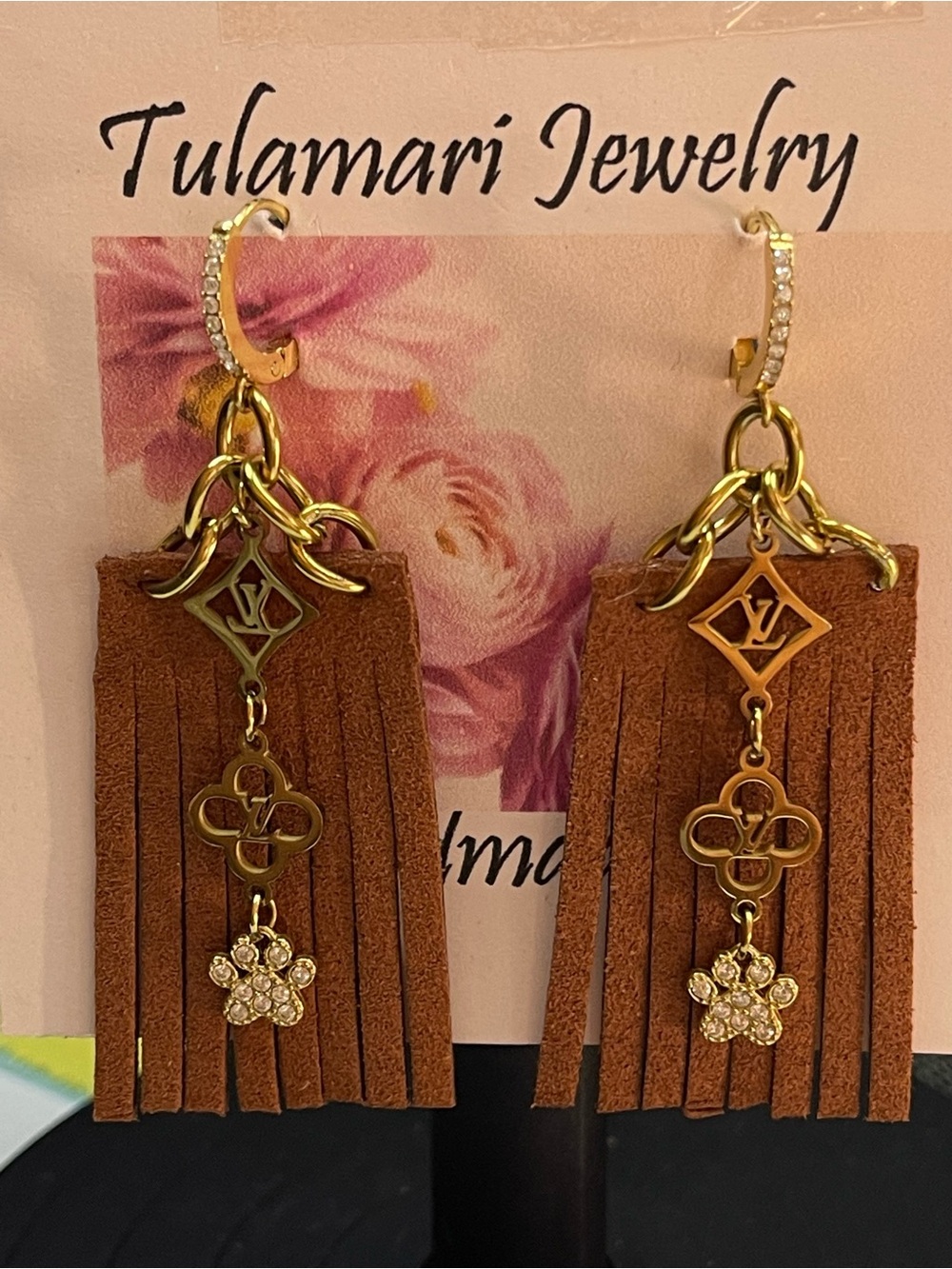 Gold & Tan Fringe Drop Earrings with Crystal Flower Charms - Picture 7 of 7
